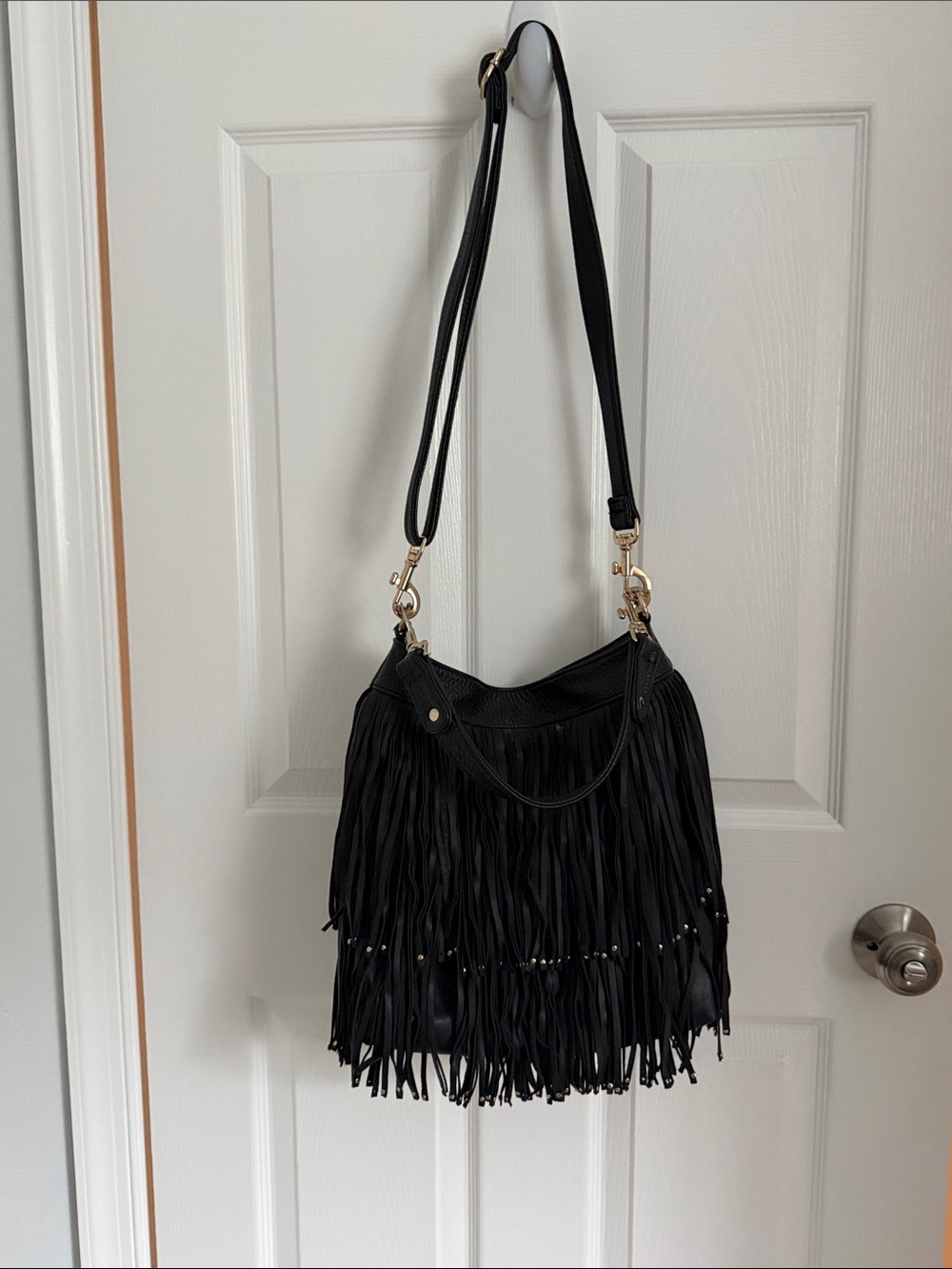 Deux Lux Black Fringe Shoulder Bag with Gold Hardware